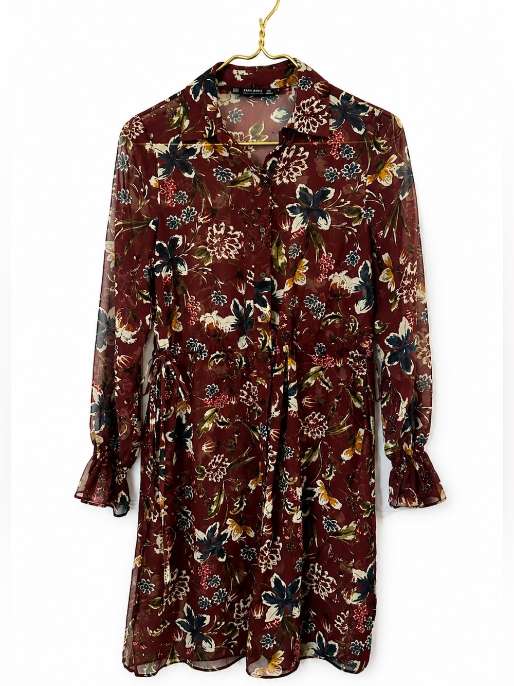 Zara Burgundy Floral Sheer Blouse with Multicolor Blooms